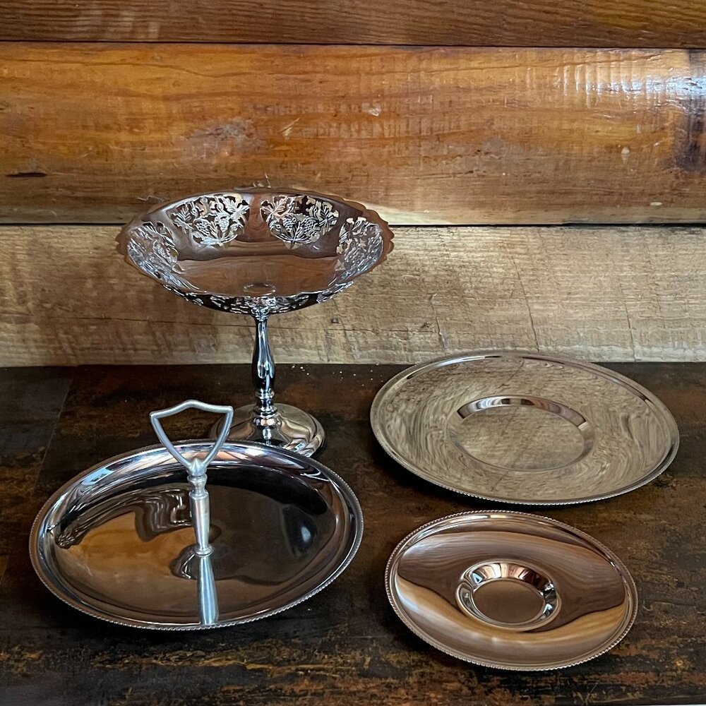 Vtg 4-Piece Silver Plated Large & Small Serving Dishes/Lazy Susan/Pedestal Bowl